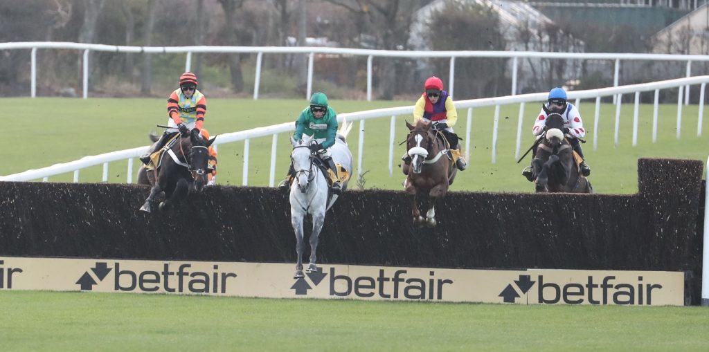 Runners jump a fence in the 2018 Betfair Chase
