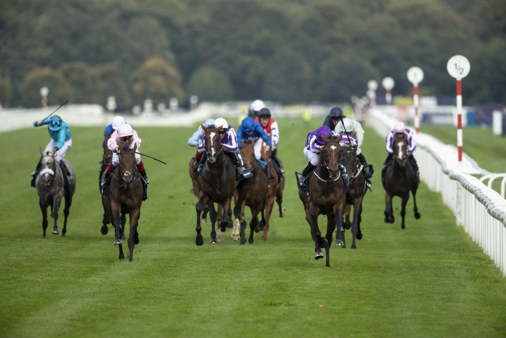 Kew Gardens and Ryan Moore winning the Doncaster St. Leger 2018 from Lah Ti Dar and Frankie Dettori