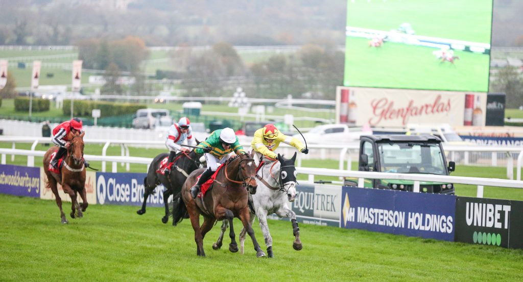 Defi Du Seuil and Barry Geraghty overcoming Politologue and Harry Cobden in the Shloer Chase Cheltenham 17/11/19